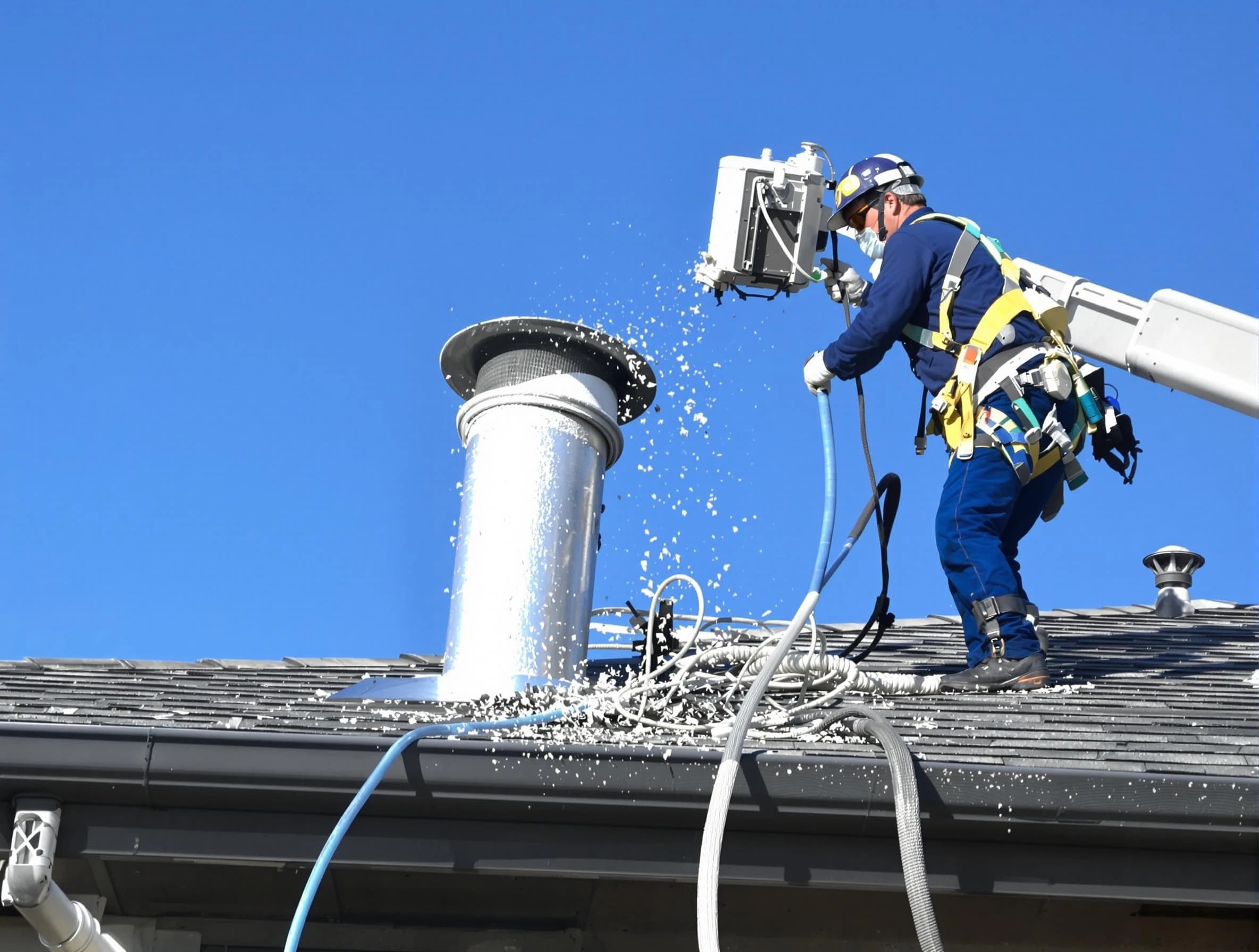 Wheat Ridge Dryer Vent Cleaning certified technician safely cleaning a roof-mounted dryer vent in Wheat Ridge