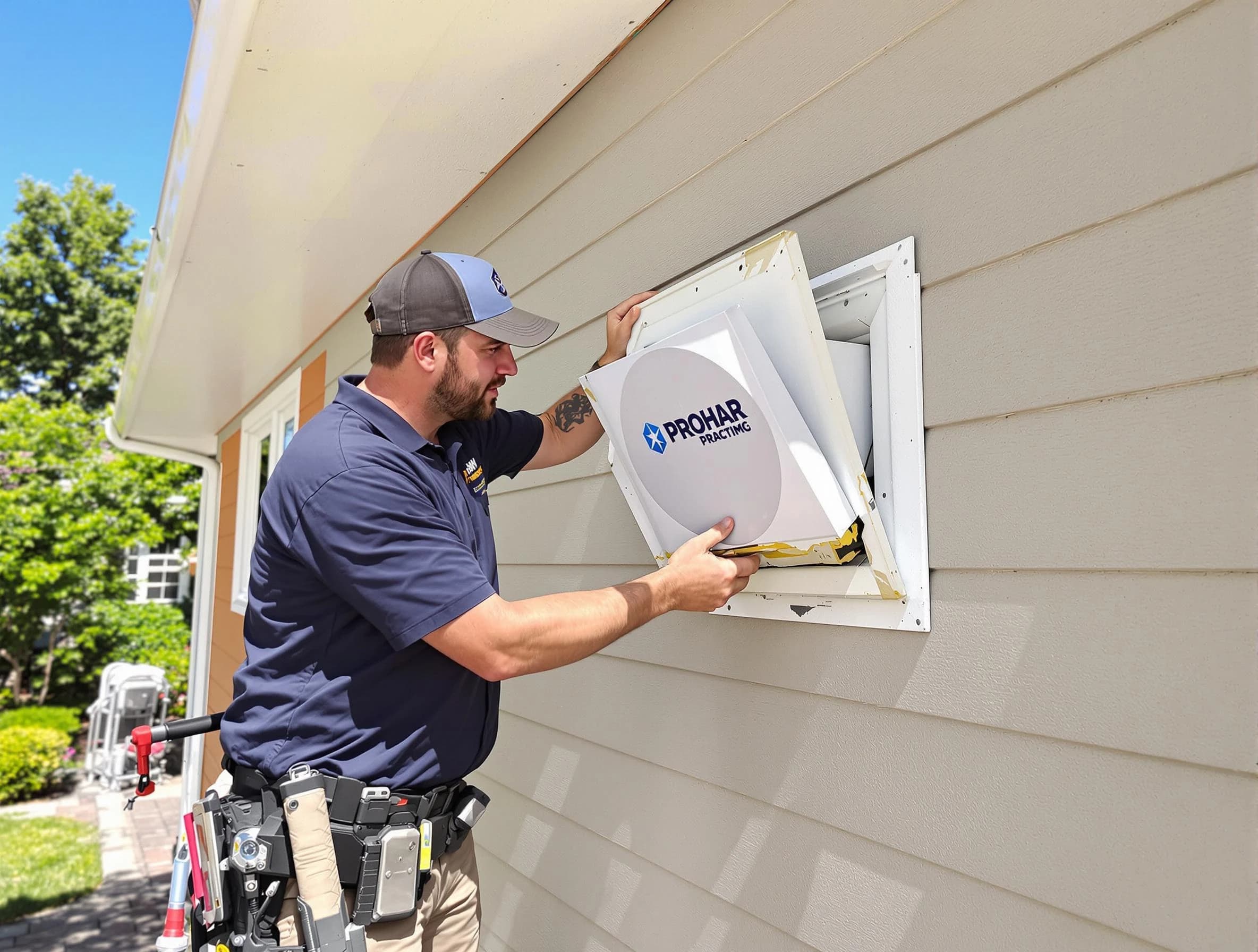 Wheat Ridge Dryer Vent Cleaning technician installing a new protective dryer vent cover on a home in Wheat Ridge