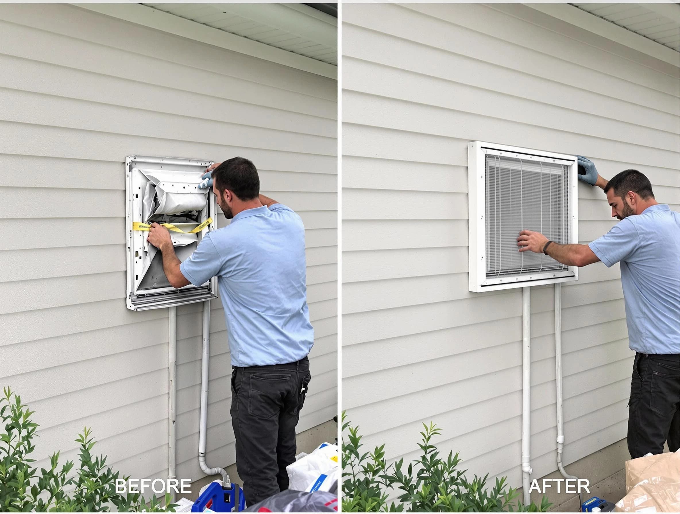 Wheat Ridge Dryer Vent Cleaning technician installing high-quality dryer vent cover at a residential property in Wheat Ridge