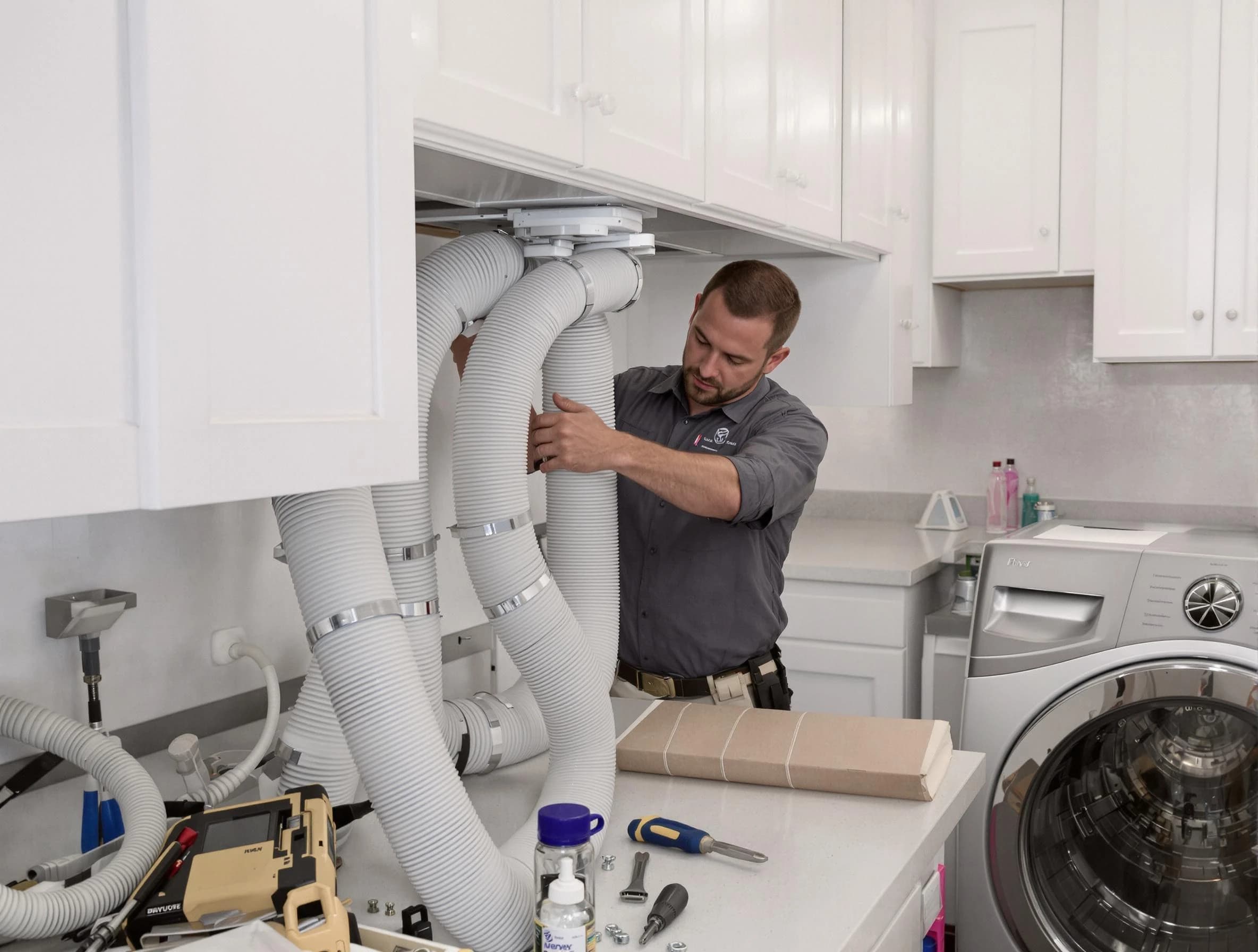 Wheat Ridge Dryer Vent Cleaning technician installing a new professional-grade dryer vent hose in Wheat Ridge